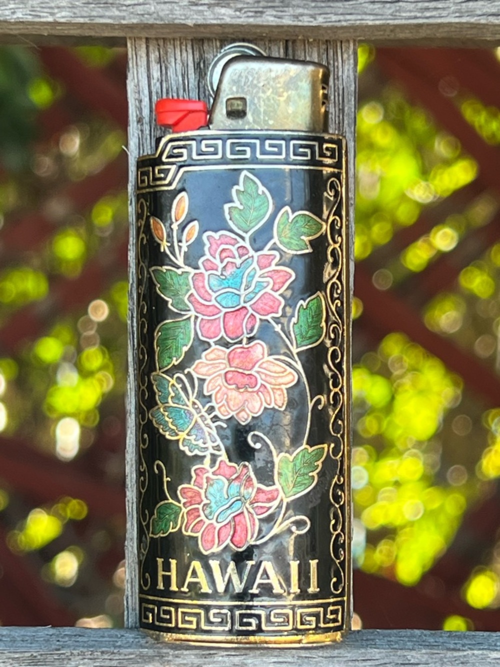Vintage Cloisonné Hawaii Bic Lighter Cover Floral Enamel Sleeve